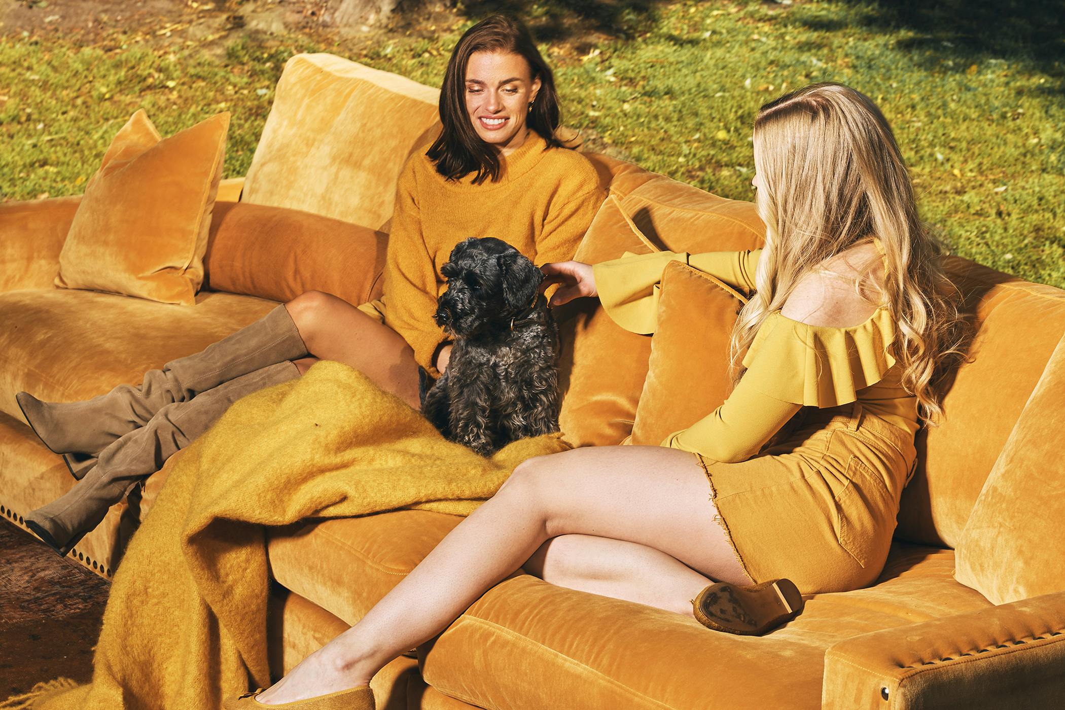 Valen 330, ein 330cm breites Sofa mit Bezug aus gelbem Polyestersamt, Solemio Senfgelb 88, mit silbernen Nieten entlang des Rahmens.